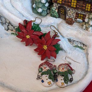 Two Pair Vtg. Resin Drop Earrings- Lge Poinsettia & Small Resin Snowmen On Wire